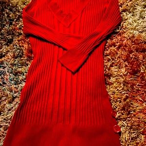Beautiful Bright Red Ribbed Long Sleeve V Neck Sweater with Button Trim